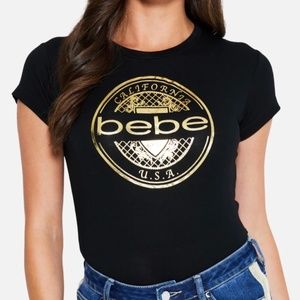 Plus Size 2X BEBE Logo Emblem Tee Shirt Black & Gold